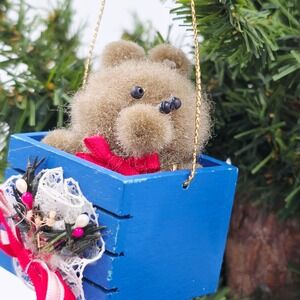 George Good Blue Wooden Crate Teddy Bear Ornament Christmas Holiday Vintage Rare